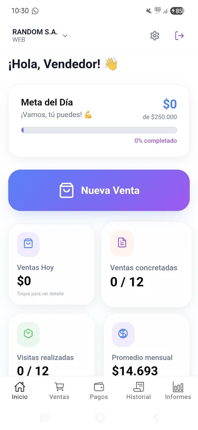 Ramaflex M&oacute;vil IA — pantalla de inicio del vendedor con meta del d&iacute;a y accesos r&aacute;pidos