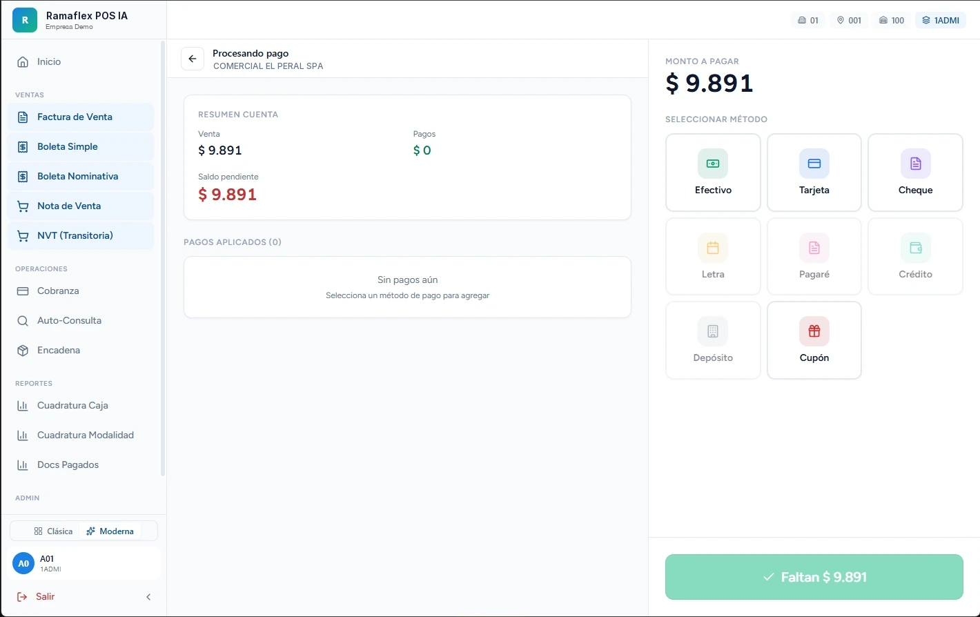 Cobro en Ramaflex POS IA: resumen de la cuenta con venta, pagos y saldo pendiente, y los ocho medios de pago: efectivo, tarjeta, cheque, letra, pagaré, crédito, depósito y cupón