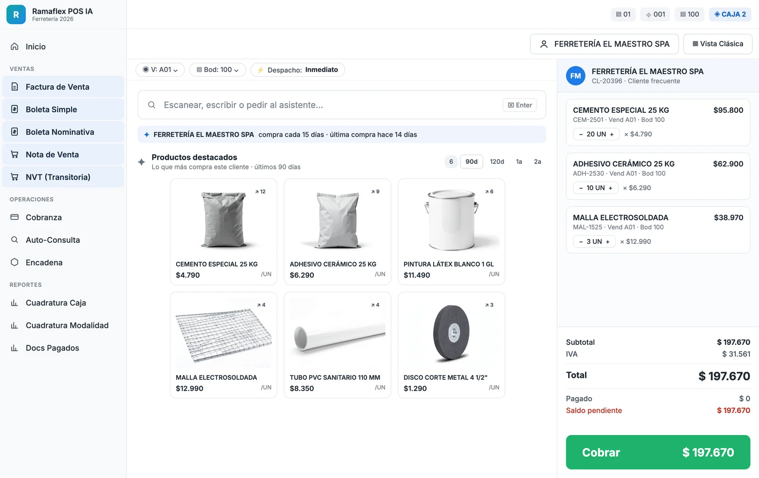 Pantalla de venta de Ramaflex POS IA, software de punto de venta: cliente identificado con su frecuencia de compra, productos que compra habitualmente, catálogo con imágenes y carro con el total a cobrar