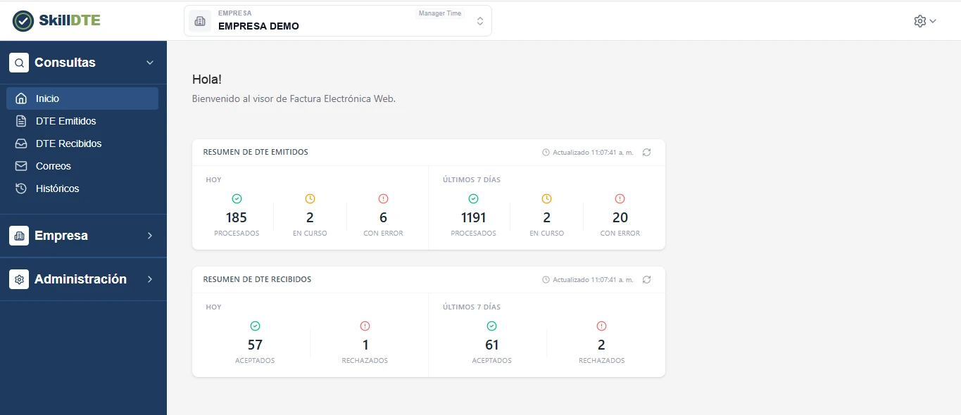 SkillDTE, sistema de facturación electrónica: resumen de DTE emitidos y recibidos, procesados, en curso y con error