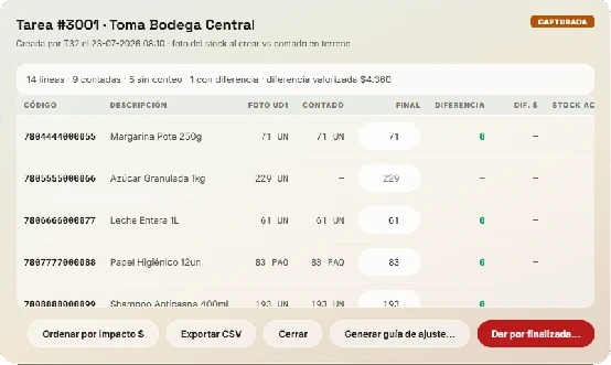 Toma de inventario en Ramaflex WMS: tarea de conteo con la foto del stock contra lo contado por producto, la diferencia valorizada en pesos y el botón para generar la guía de ajuste