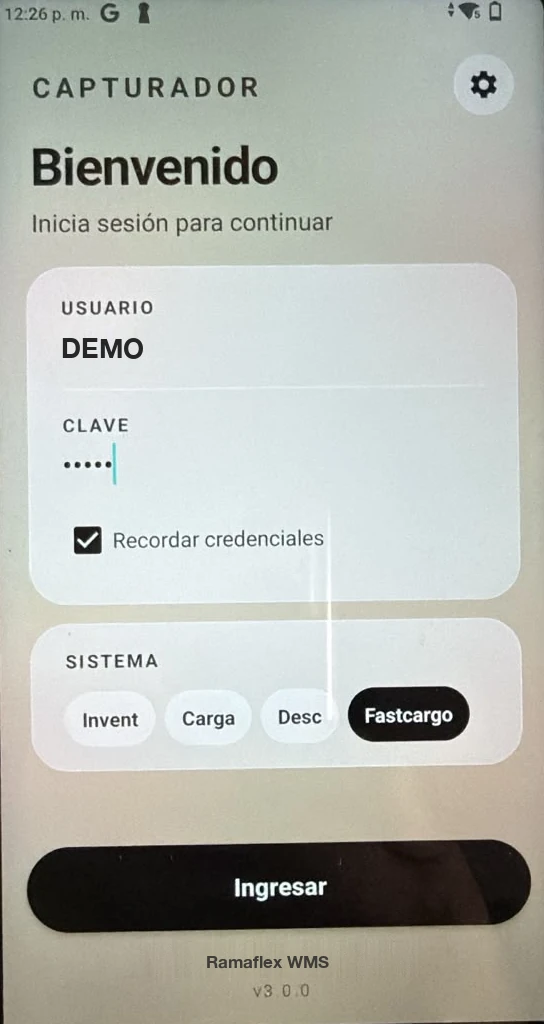 App Capturador de Ramaflex WMS en una PDA Android con lector: inicio de sesión del operario y selección del sistema de captura, inventario, carga, descarga o FastCargo