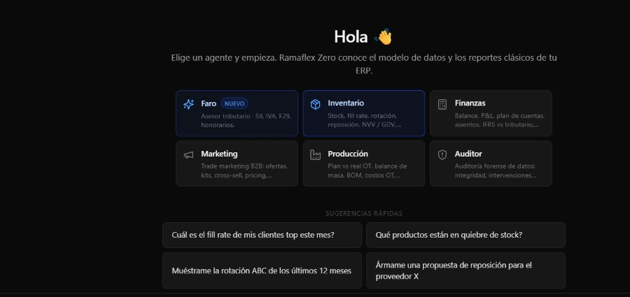 Ramaflex Zero, agente de IA para empresas: pantalla de inicio con los seis agentes especialistas y sugerencias de consulta